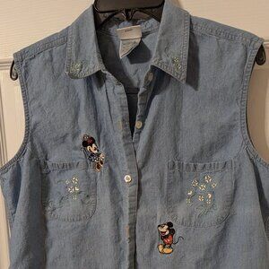 Disney denim women's top, Mickey & Minnie embroidery, XL.Hair scrunchie, $14.